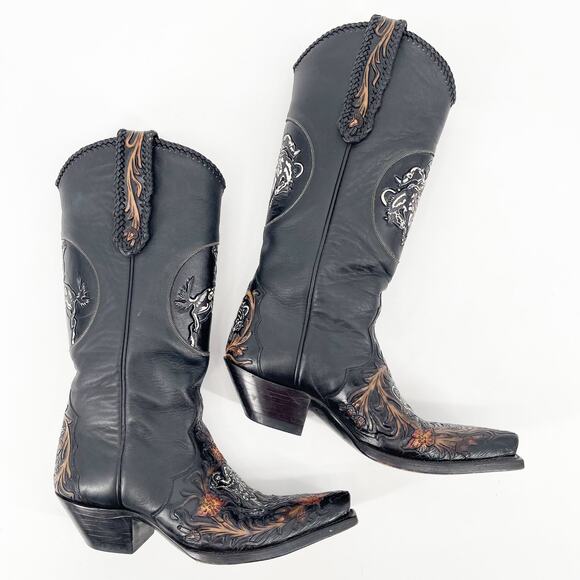 Liberty Boot Co. Vintage Women’s 7 Black Bucking Bronco Tooled Snip Toe Boots - Picture 4 of 14